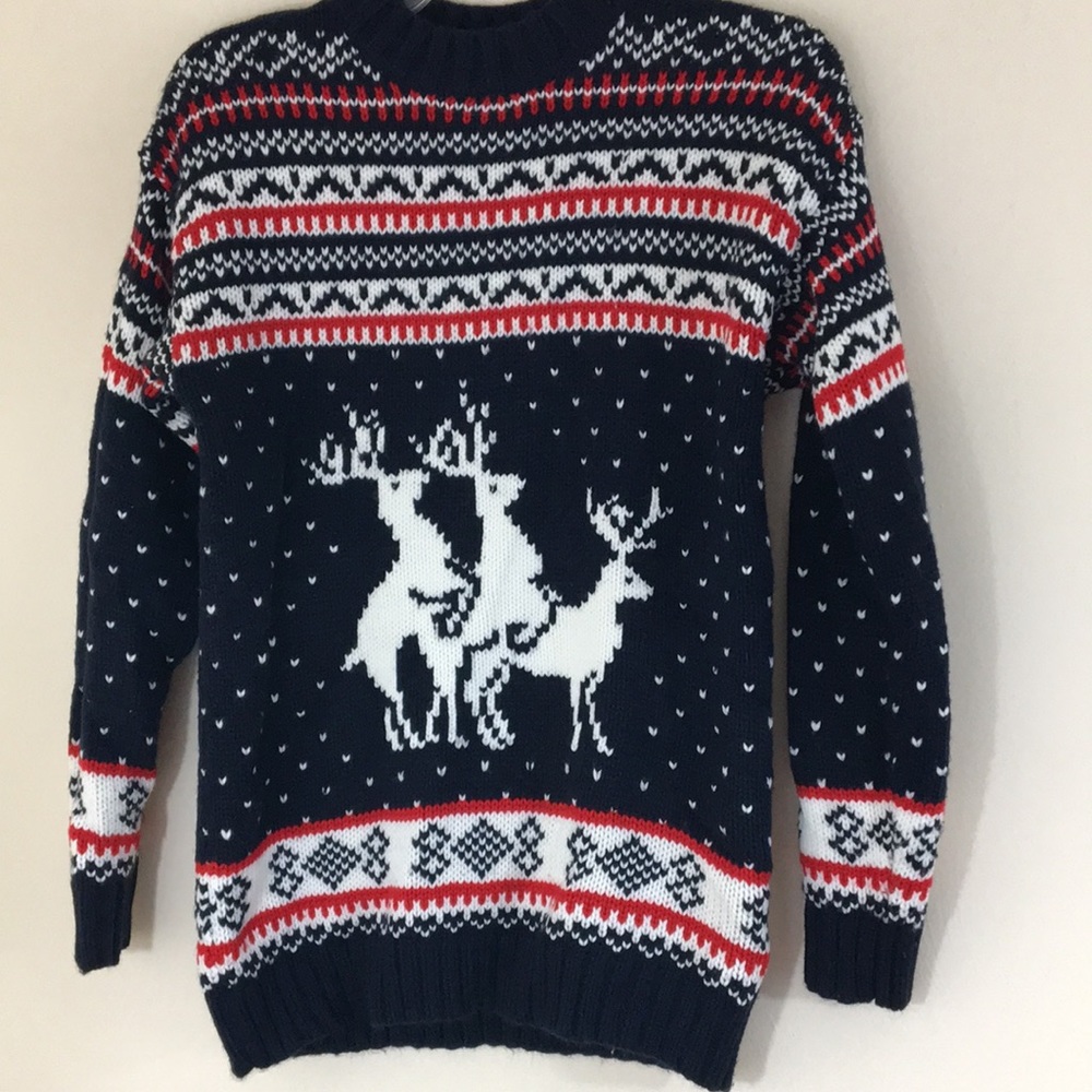 Men’s Reindeer Threesome Christmas Sweater Navy Size Small